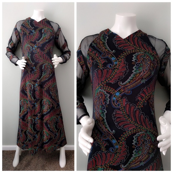Vintage 1970s Don Luis Spanish Sheer Sleeve Paisley Flamenco Maxi Dress S M - Picture 2 of 6