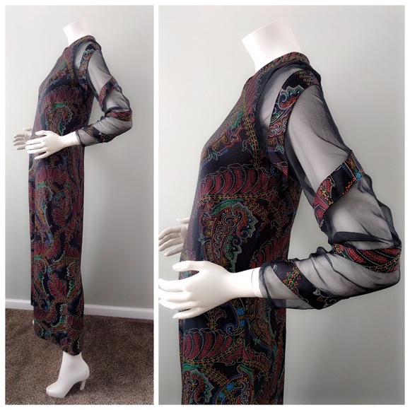 Vintage 1970s Don Luis Spanish Sheer Sleeve Paisley Flamenco Maxi Dress S M - Picture 3 of 6