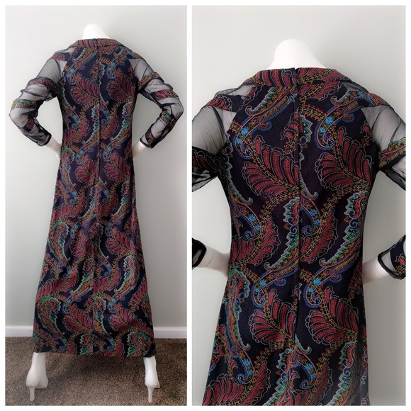 Vintage 1970s Don Luis Spanish Sheer Sleeve Paisley Flamenco Maxi Dress S M - Picture 4 of 6