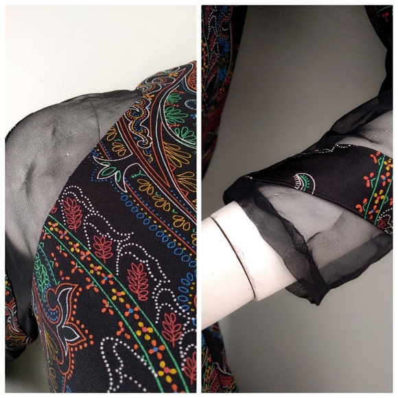 Vintage 1970s Don Luis Spanish Sheer Sleeve Paisley Flamenco Maxi Dress S M - Picture 5 of 6