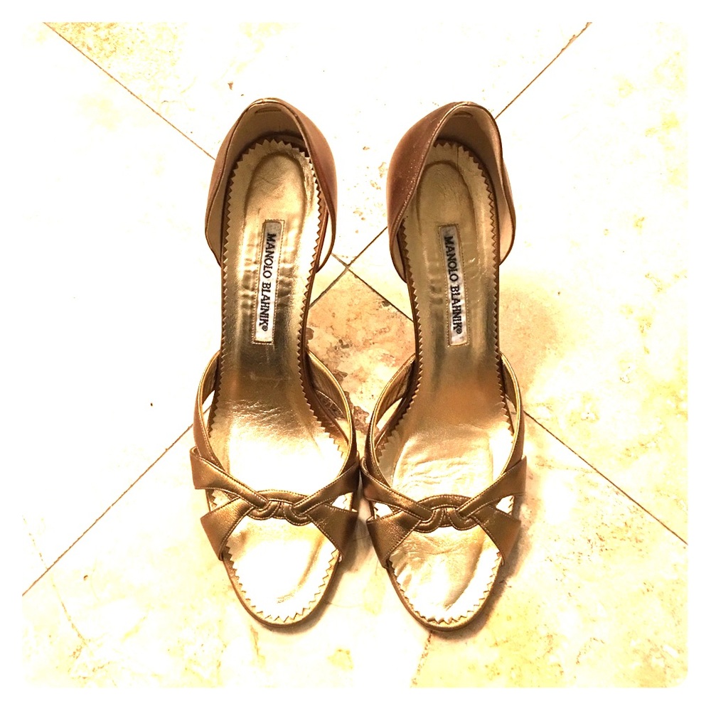 Manolo Blahnik Gold Leather Open Toe Shoe