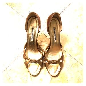 Manolo Blahnik Gold Leather Open Toe Shoe