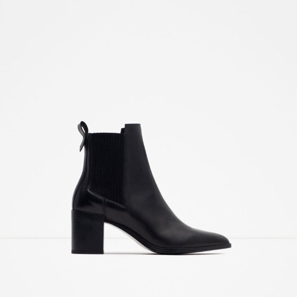 Block heel leather ankle boots with stretch detail