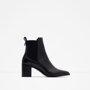 Block heel leather ankle boots with stretch detail