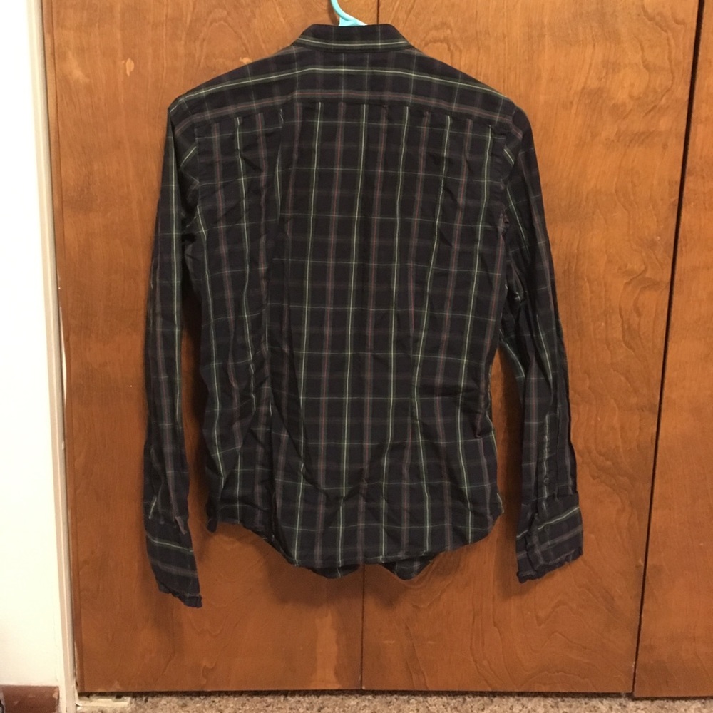 Ruffle front navy checkered button down shirt - Picture 2 of 5