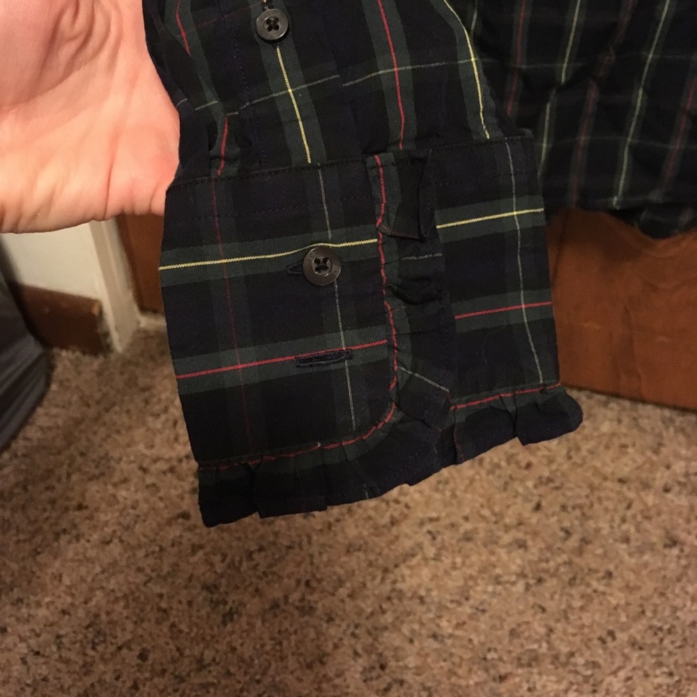 Ruffle front navy checkered button down shirt - Picture 3 of 5