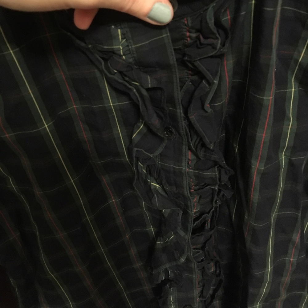 Ruffle front navy checkered button down shirt - Picture 5 of 5