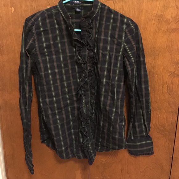 Chaps Tops - Ruffle front navy checkered button down shirt