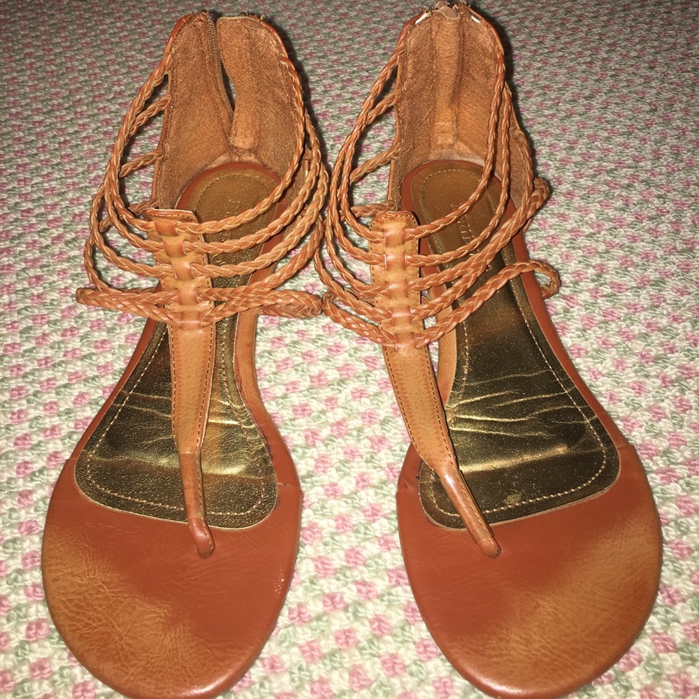 Brown front braided zip back sandal