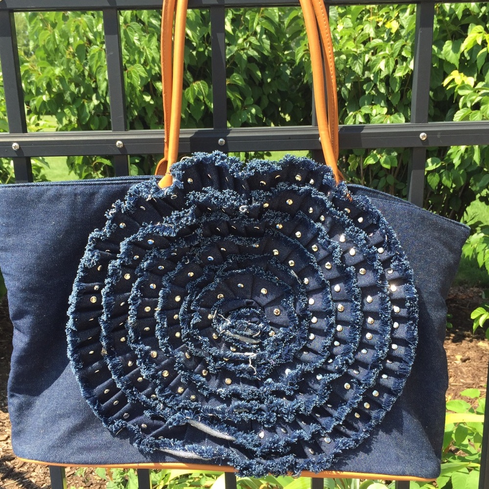 Denim studded navy LG blue beach tote bag
