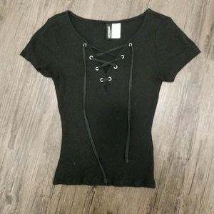Black Ribbed Lace Up Tee