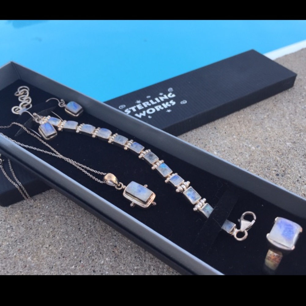 4pc moonstone Sterling brac. earr pend. rg sz7 set
