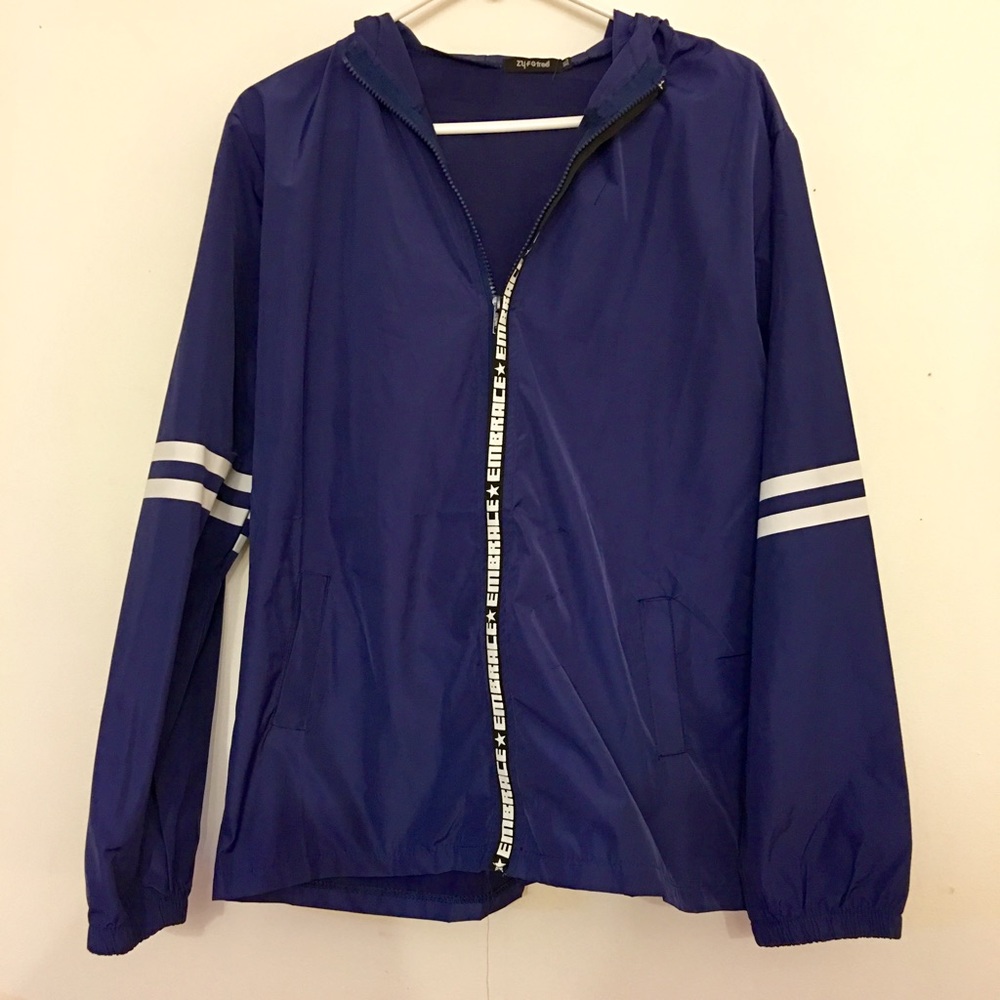 Blue-and-white full zip weather jacket