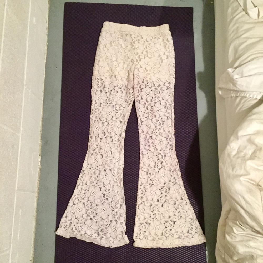 White floral lace bell bottoms