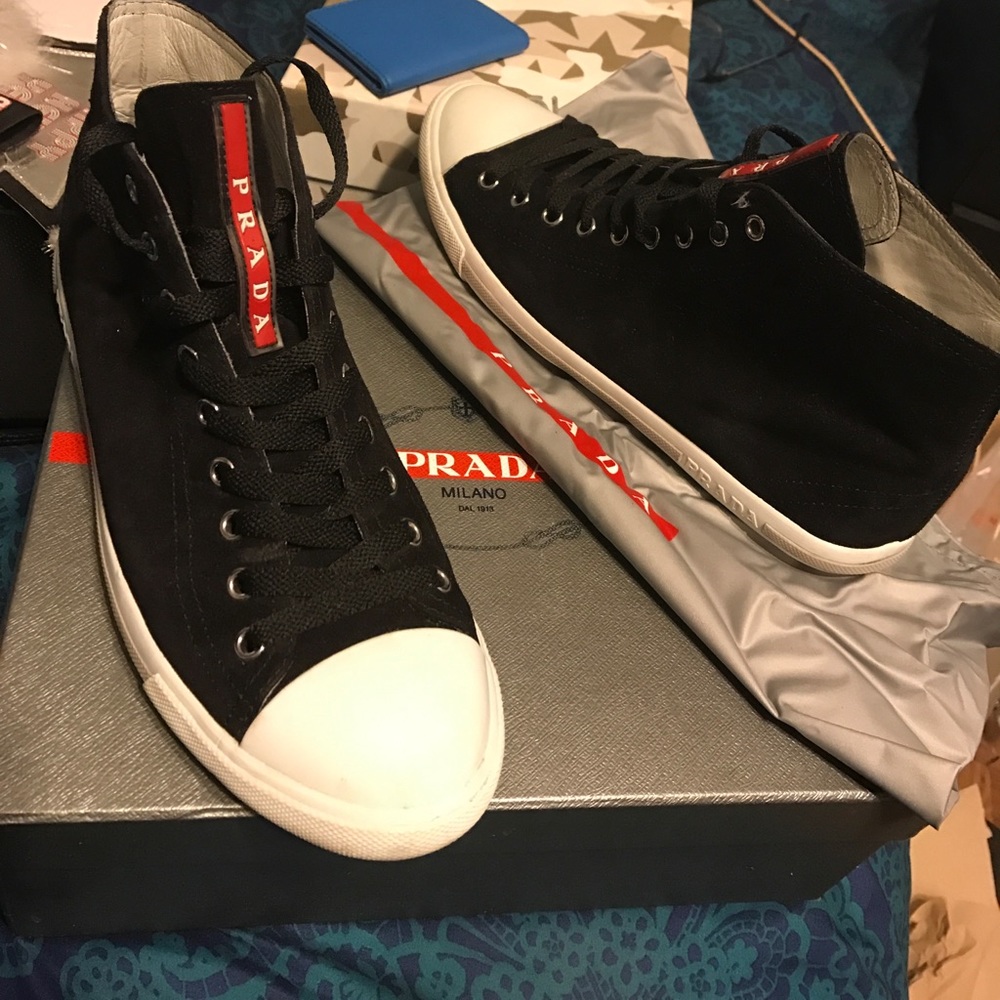 Prada black suede high top sneaker