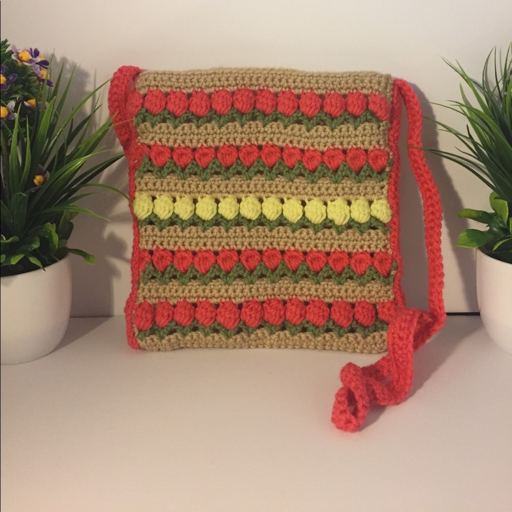 Handmade multicolored crochet tulip pattern tote