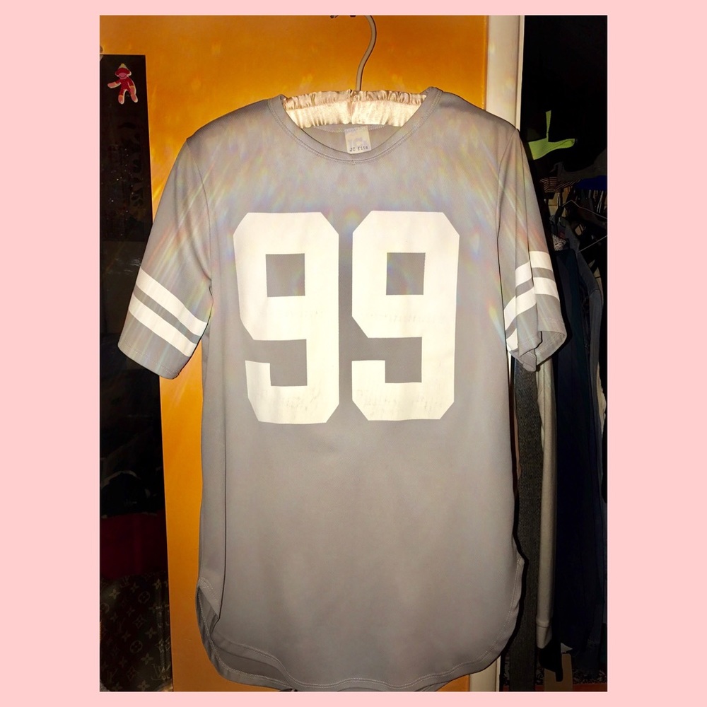 GREY/WHITE HUSTLE 99 jersey style t shirt. LARGE