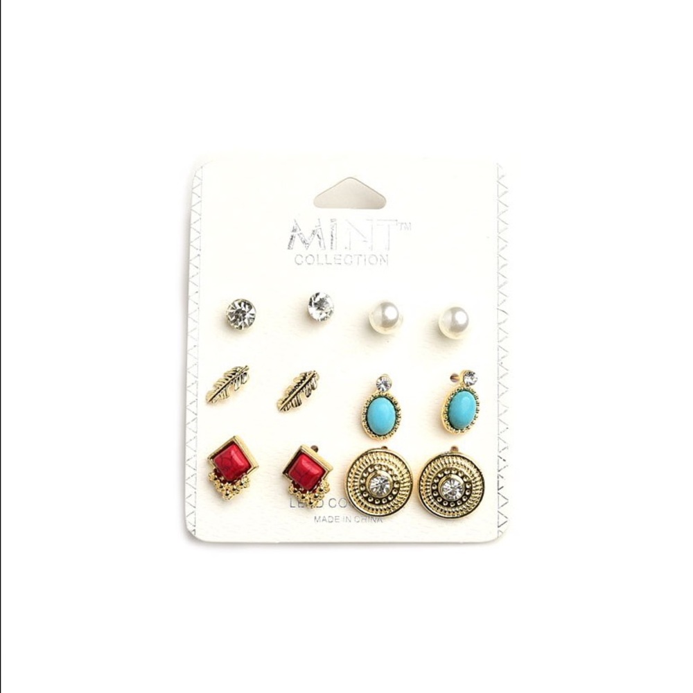 Feather & Gem Tribal Stud Earring Set (6 Pairs)