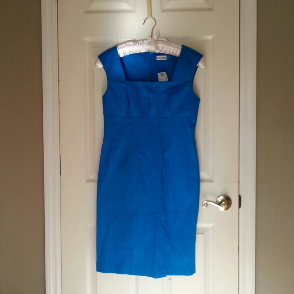 Blue dress with pleated bosom detail.