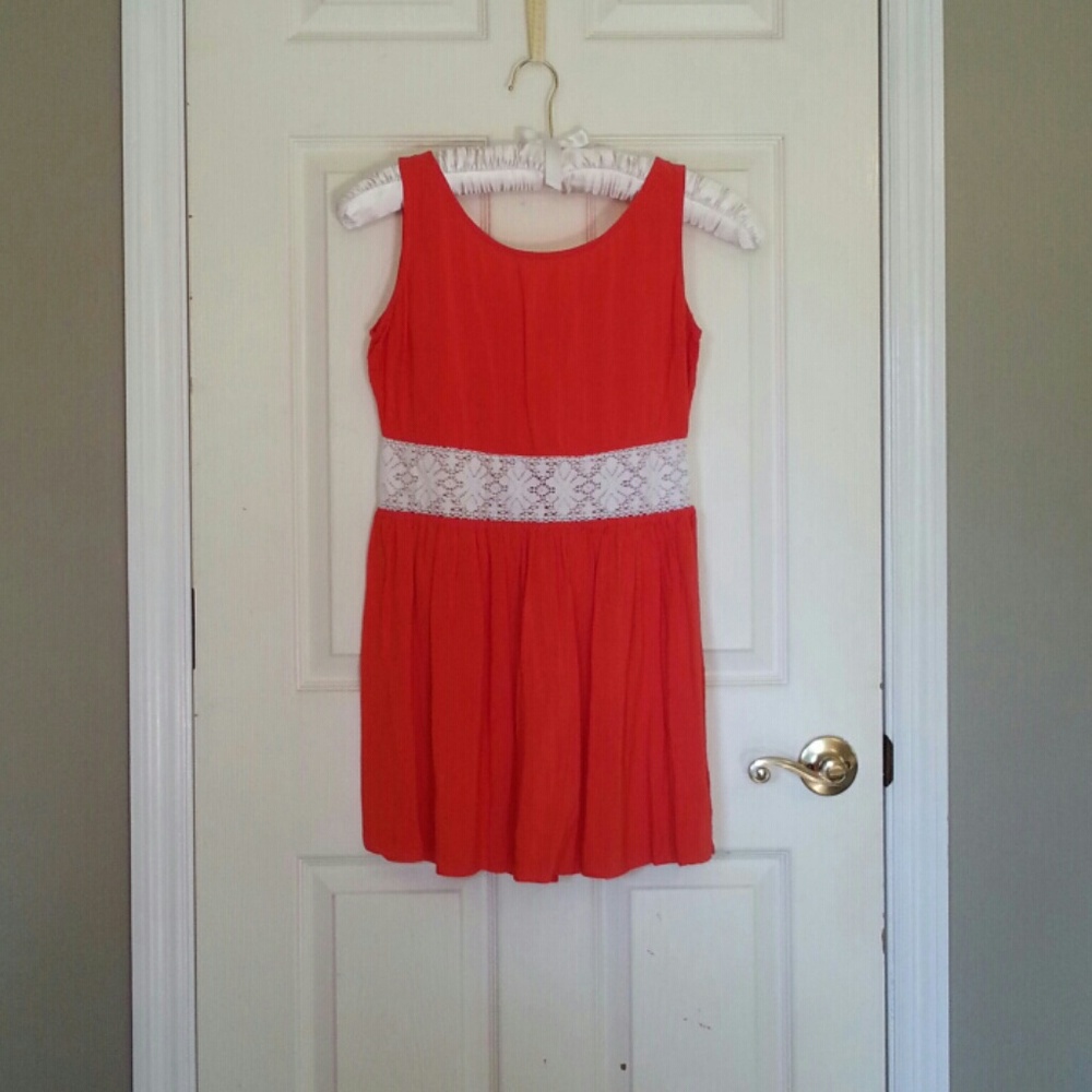 Red-Orange mini dress with crocheted 'lace' waist.