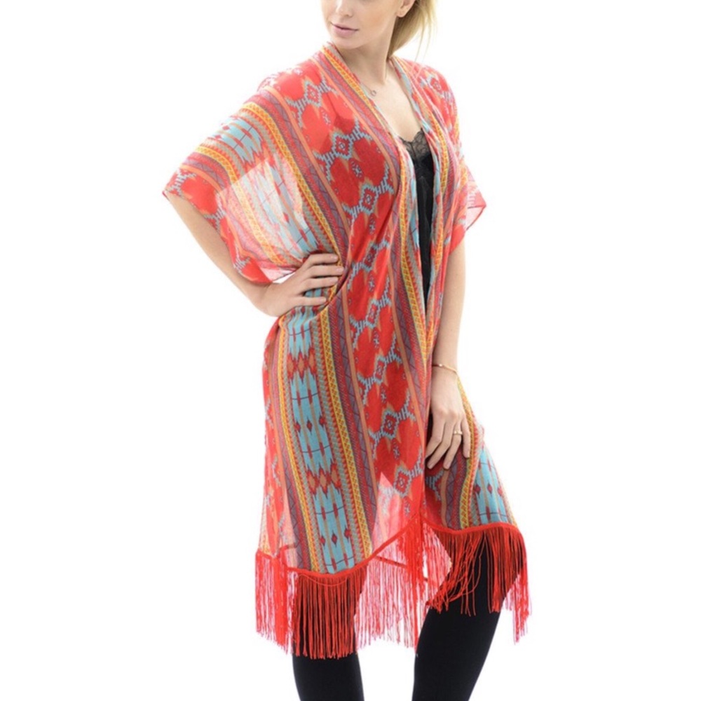 Coral Geometric Print Oversized Kimono Vest