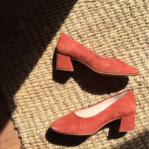 orange suede block heels