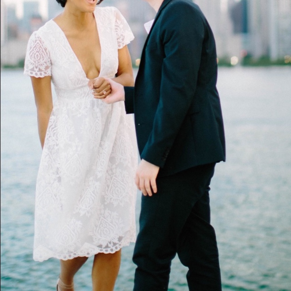 BooHoo white lace appliqué dress with low neckline