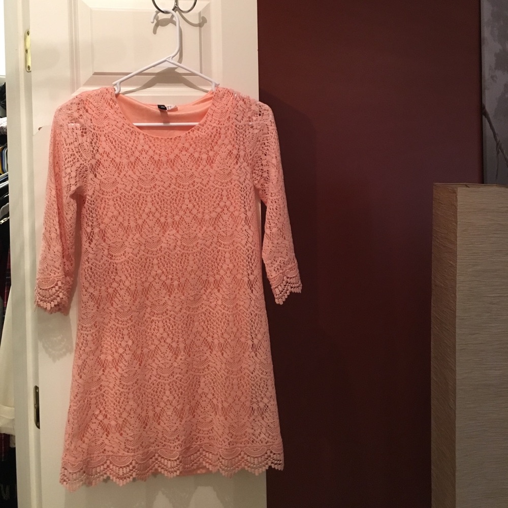 Peach lace dress.