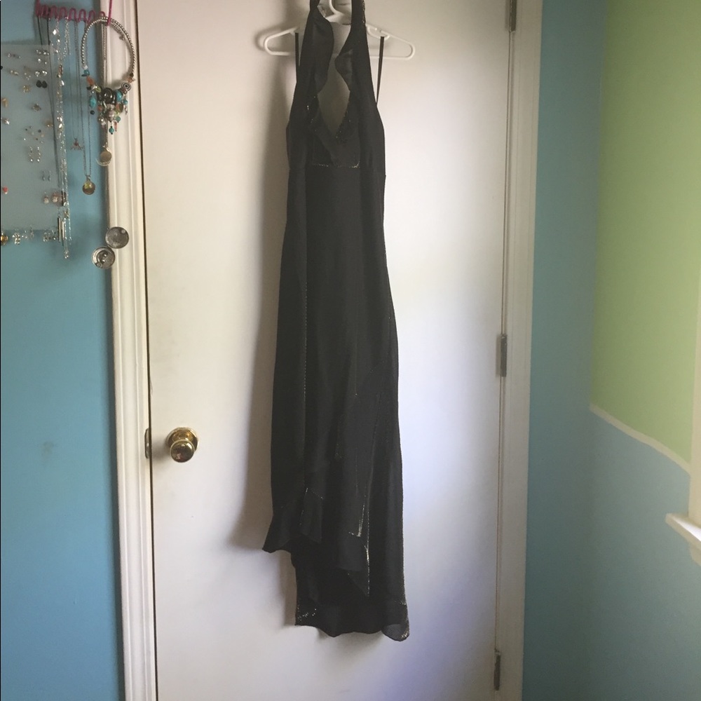 Halter strapped plunging neck black high-low dress
