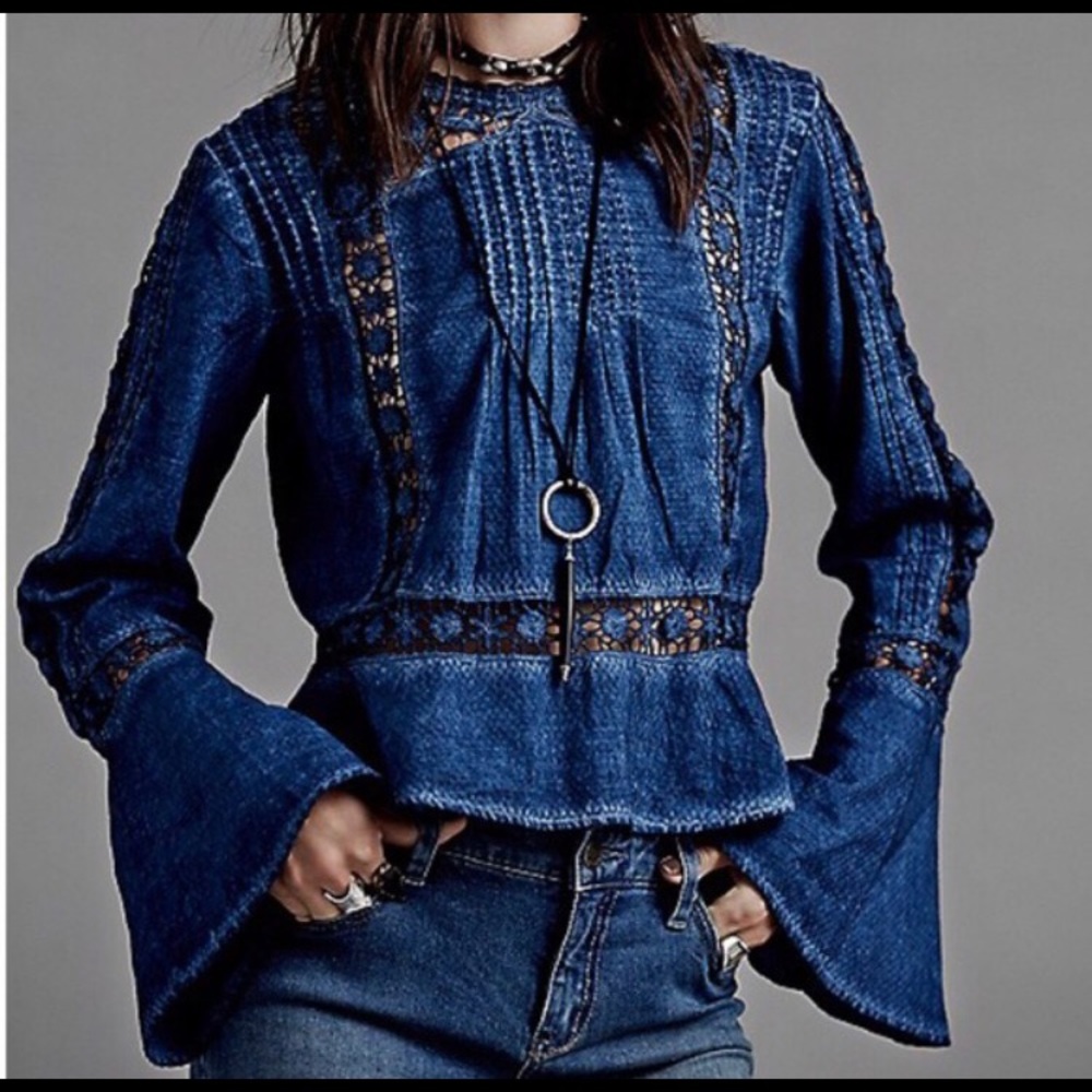 Free People denim bell sleeve blouse