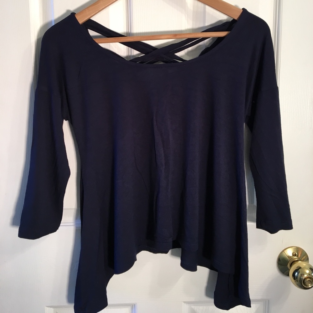 Cross-cross backed asymmetric navy top