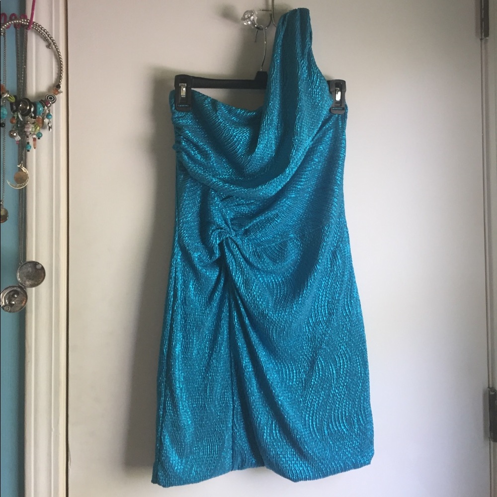 Turquoise polyester one strapped mini dress.