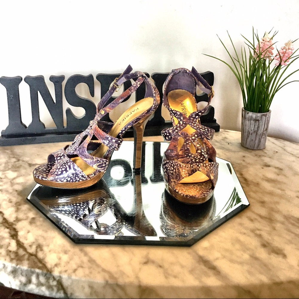 Purple and white caged heels