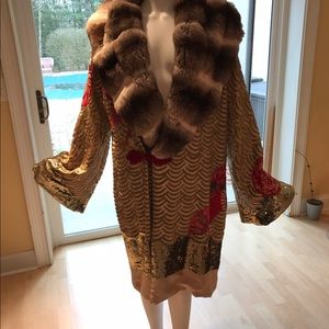 Roberto Cavalli beaded Chinchilla trim silk coat