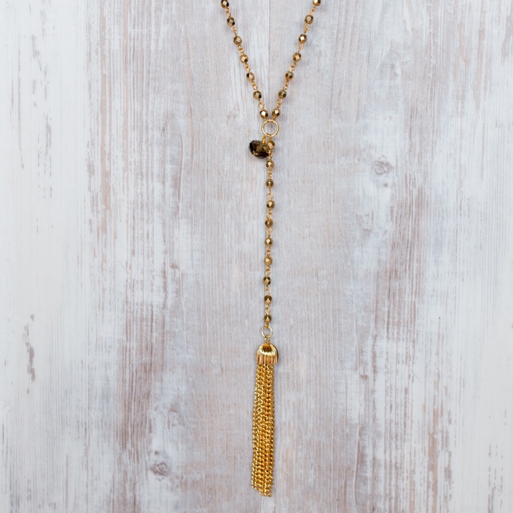 Long, rosary bead necklace