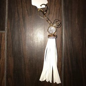 NWT White Tassel Key Chain w Gold & Rhinestone