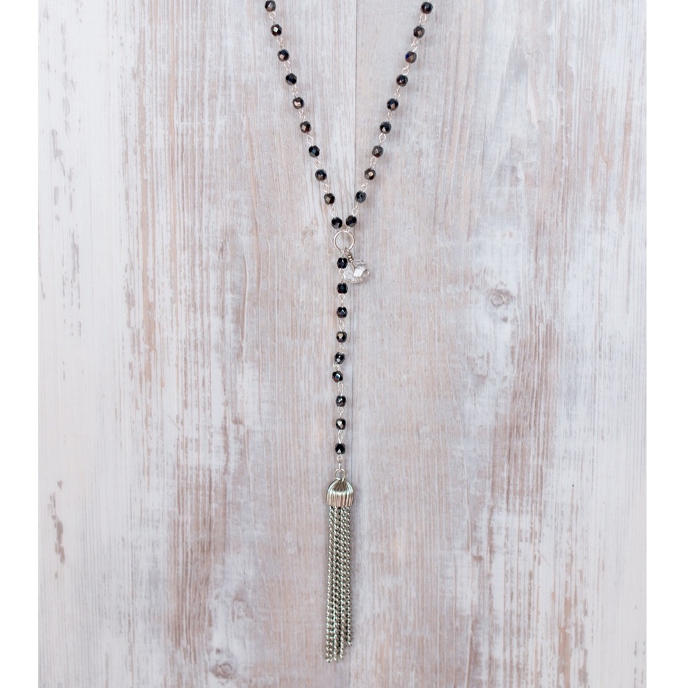 Long, rosary bead necklace