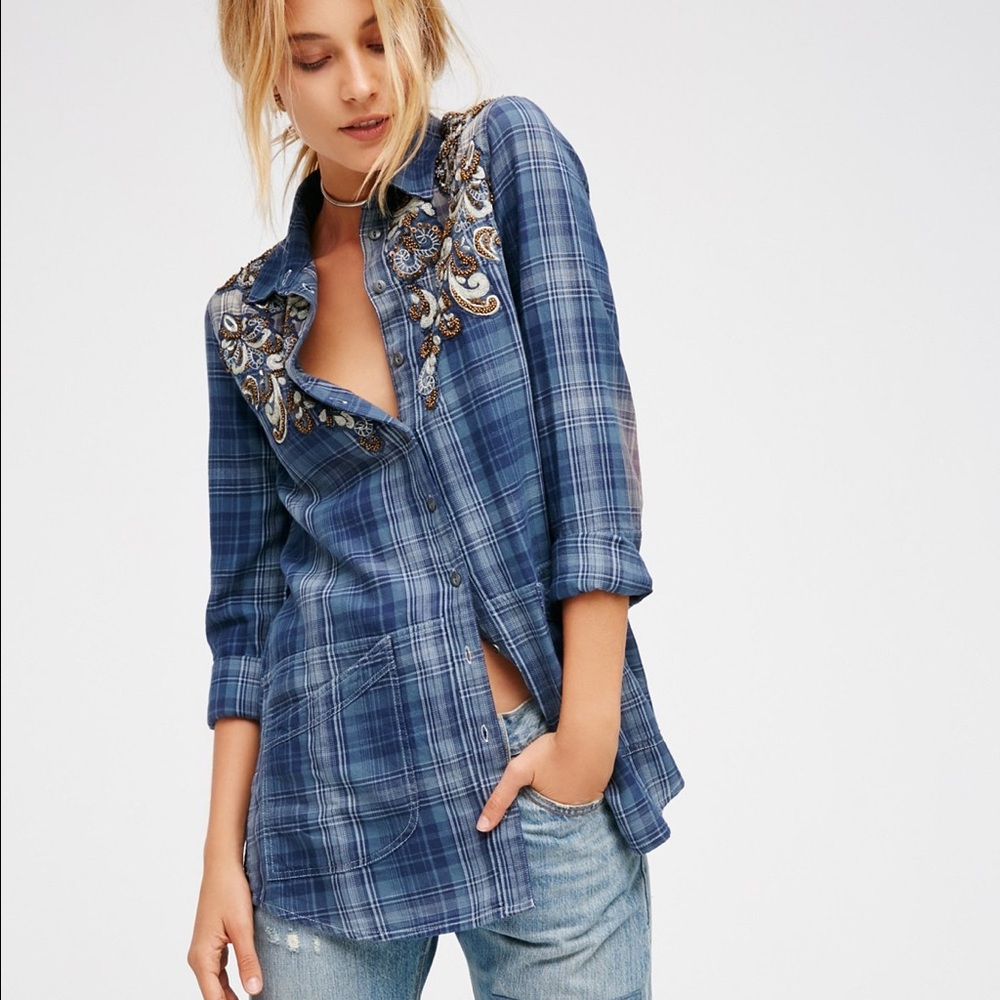 Free People Stevie's Embellished Plaid Buttondown