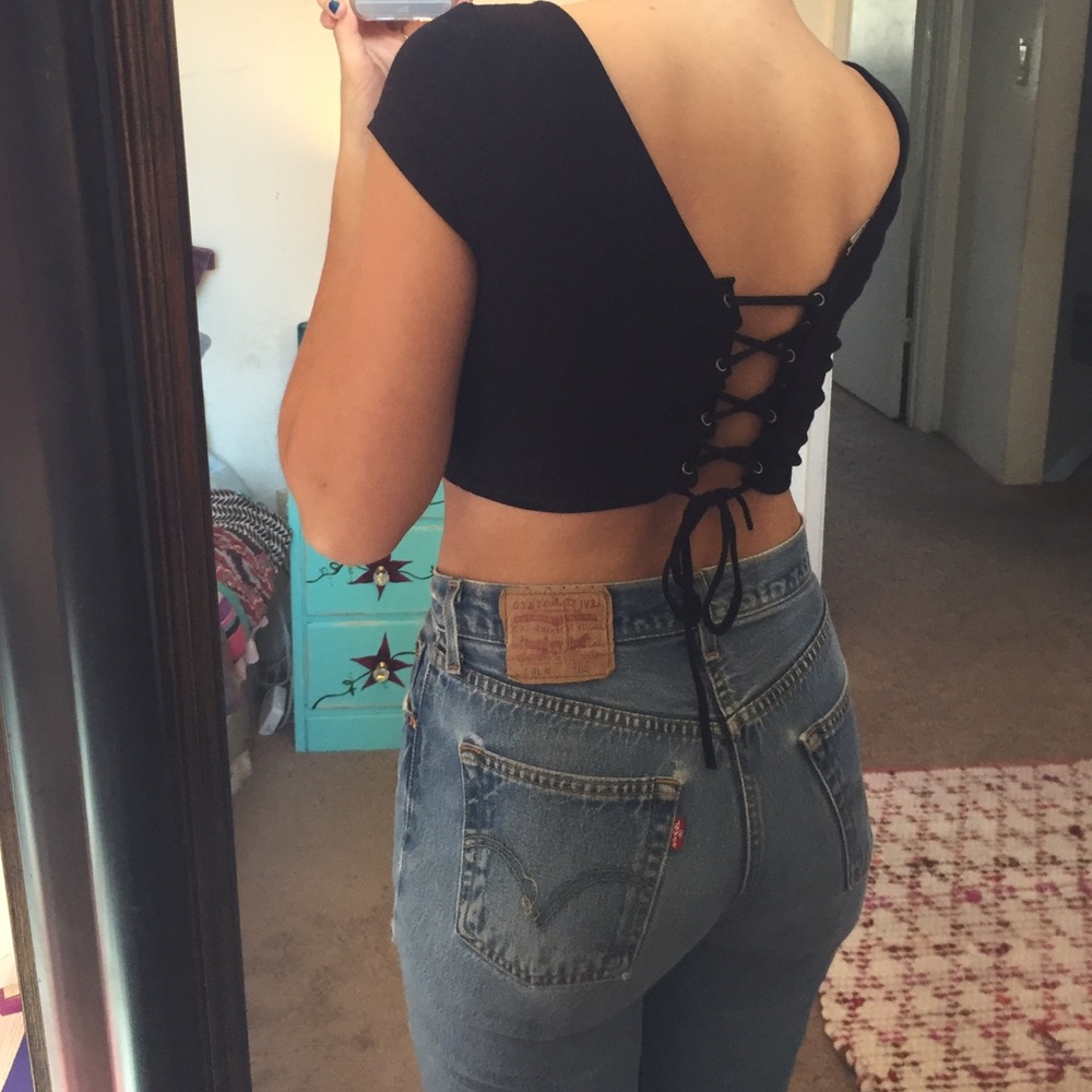 Black lace up crop top