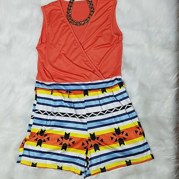 LAST ONE! Coral and Blue High-Waist Romper - Picture 2 of 2