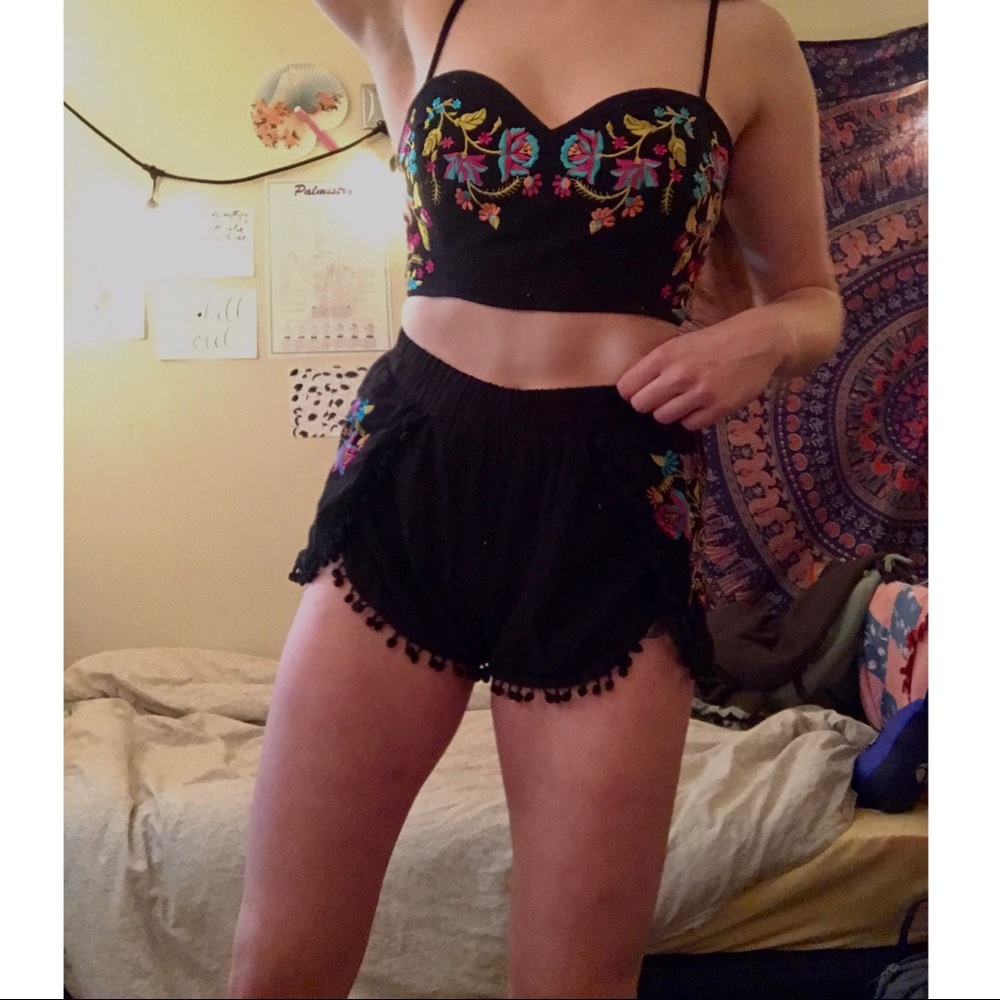 Two Piece Embroidered Flower Pom Pom Outfit