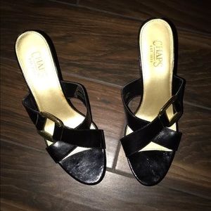 Chaps Black Patent w Gold Accent & Brown Wedge 9