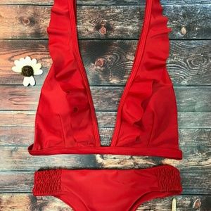 Red ruffle bathing suit set