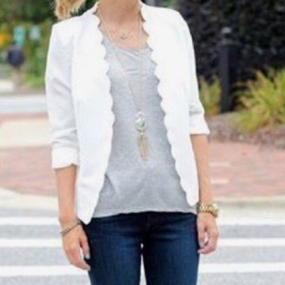 Scalloped white blazer