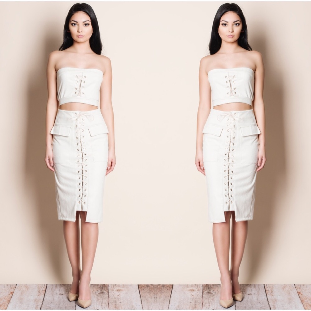 Lace Up Suede Crop Top Skirt Set - Picture 2 of 3