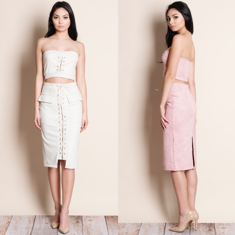 Lace Up Suede Crop Top Skirt Set - Picture 3 of 3