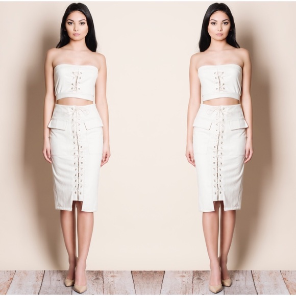 Lace Up Suede Crop Top Skirt Set - Picture 2 of 3