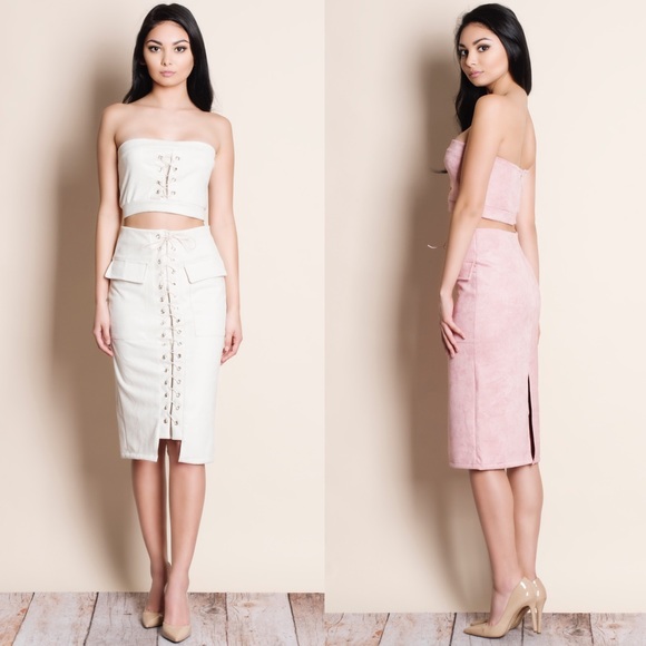 Lace Up Suede Crop Top Skirt Set - Picture 3 of 3