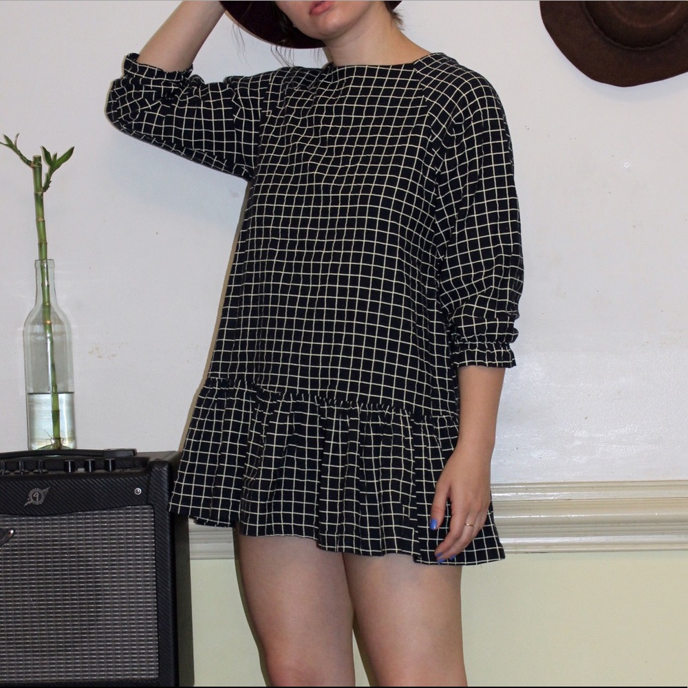 Navy Blue And Cream Grid Pattern Mini Dress