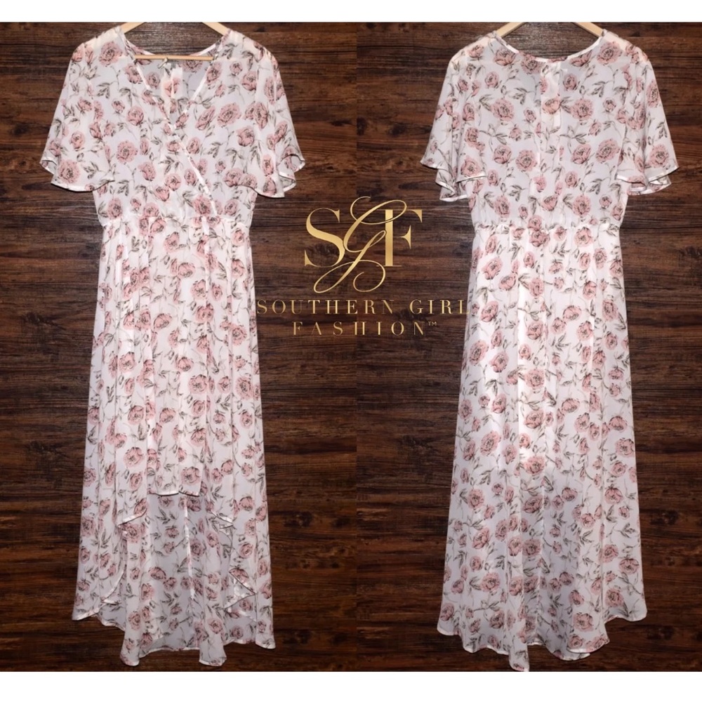 FLORAL MAXI Printed Bohemian Swingy Hi Low V Gown - Picture 2 of 2